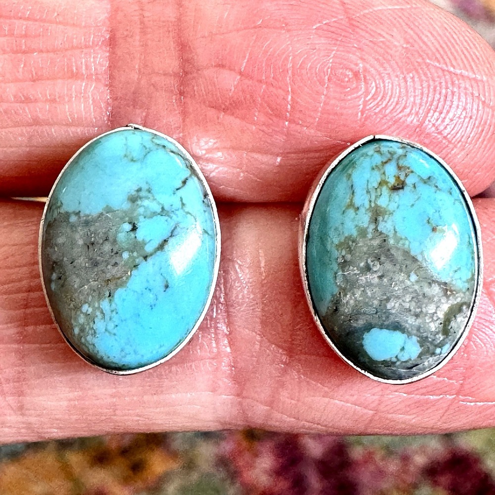 Navajo Turquoise Stud Earrings Sterling Silver‎ 925 Post 11 x 14mm Signed Native